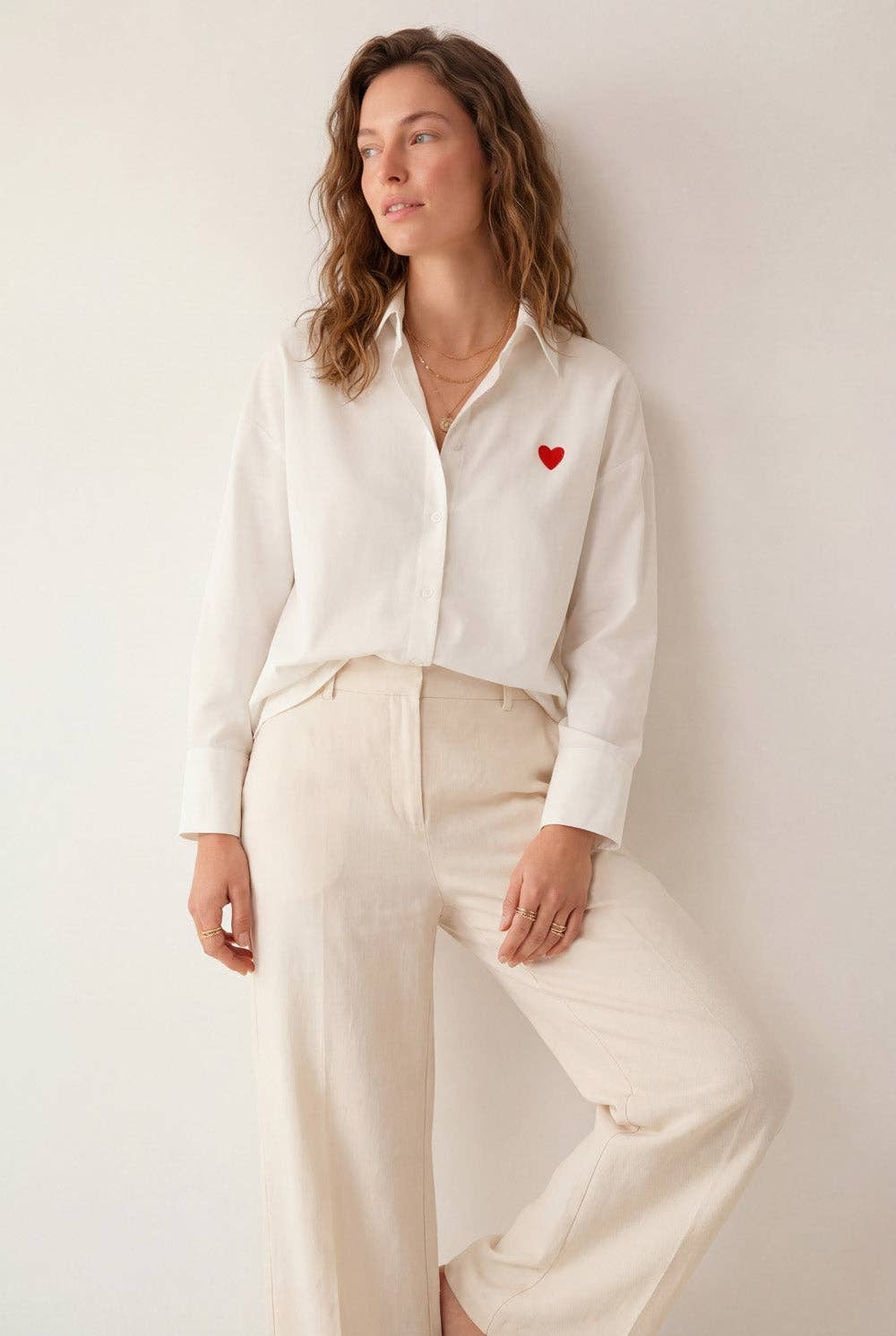 White Oxford Cotton Shirt with Embroidered Red Heart