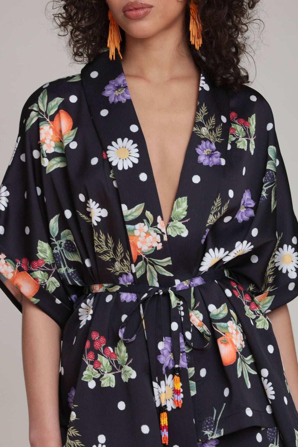 Floral Polka Dot Satin Kimono Top and Short Set: Black Scattered Botanical