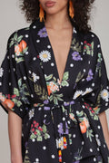 Floral Polka Dot Satin Kimono Top and Short Set: Black Scattered Botanical