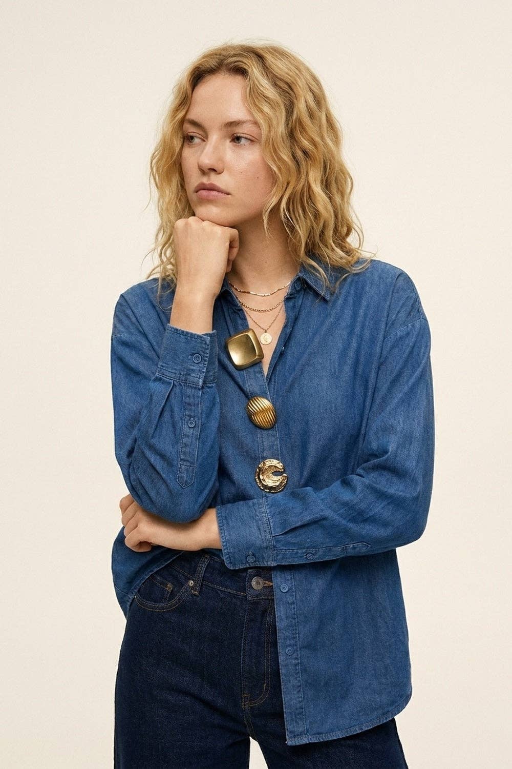 Blue Denim Blouse with Statement Gold Buttons