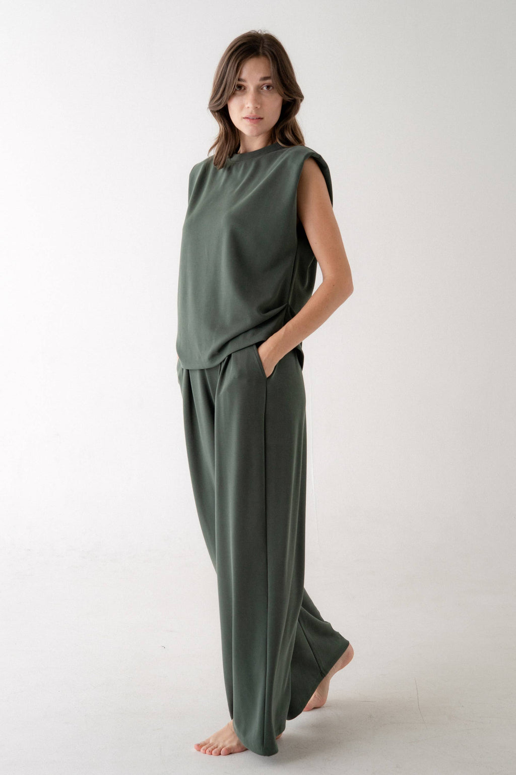 Forest Green Shoulder Pad Top And Pleated Wide Leg Pants Set