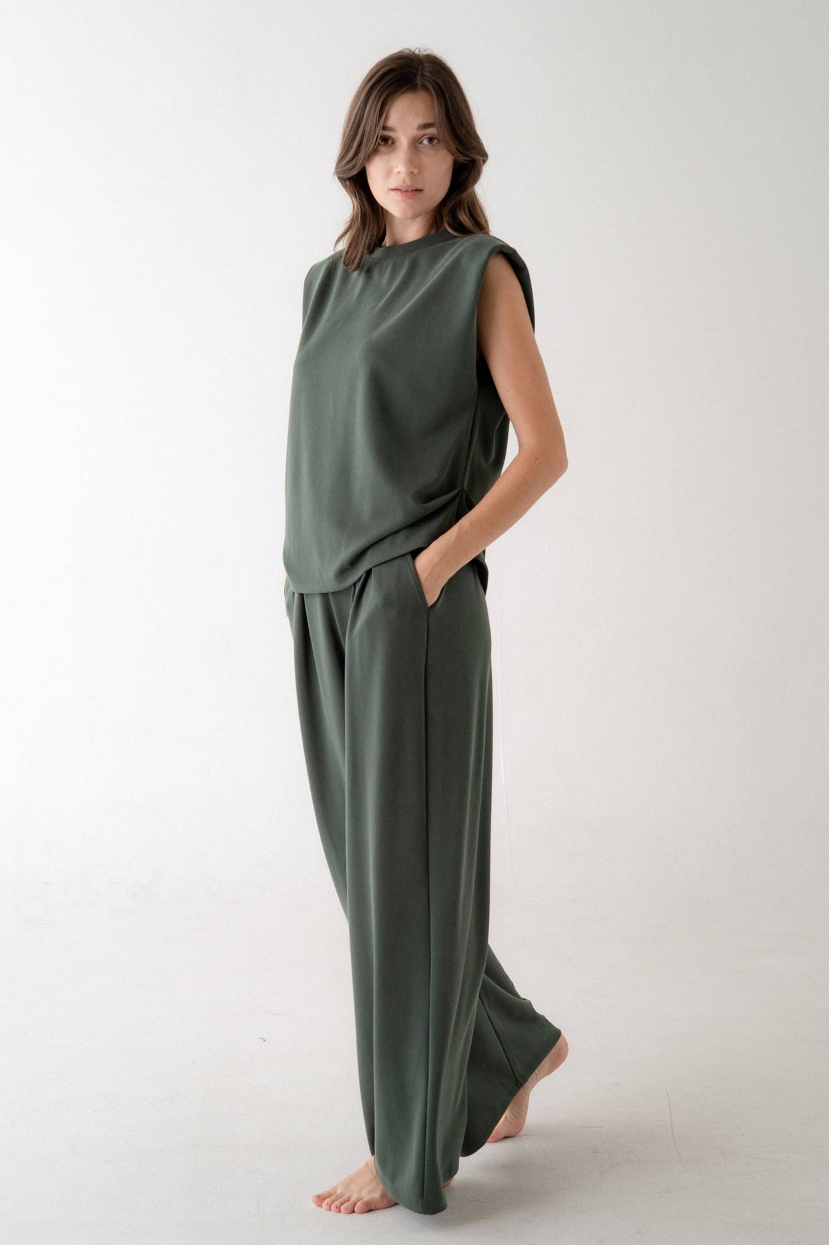 Forest Green Shoulder Pad Top And Pleated Wide Leg Pants Set