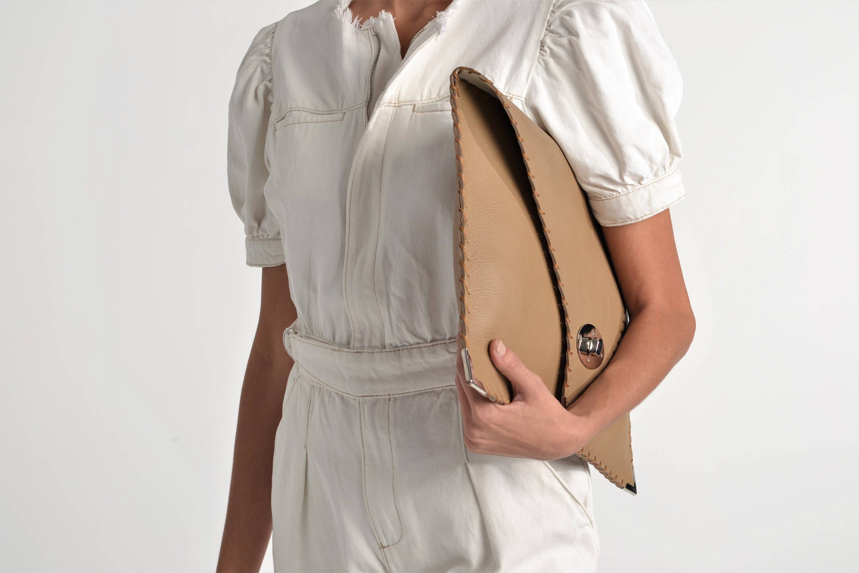 Symmetria Large Leather Clutch In Tan And Silver