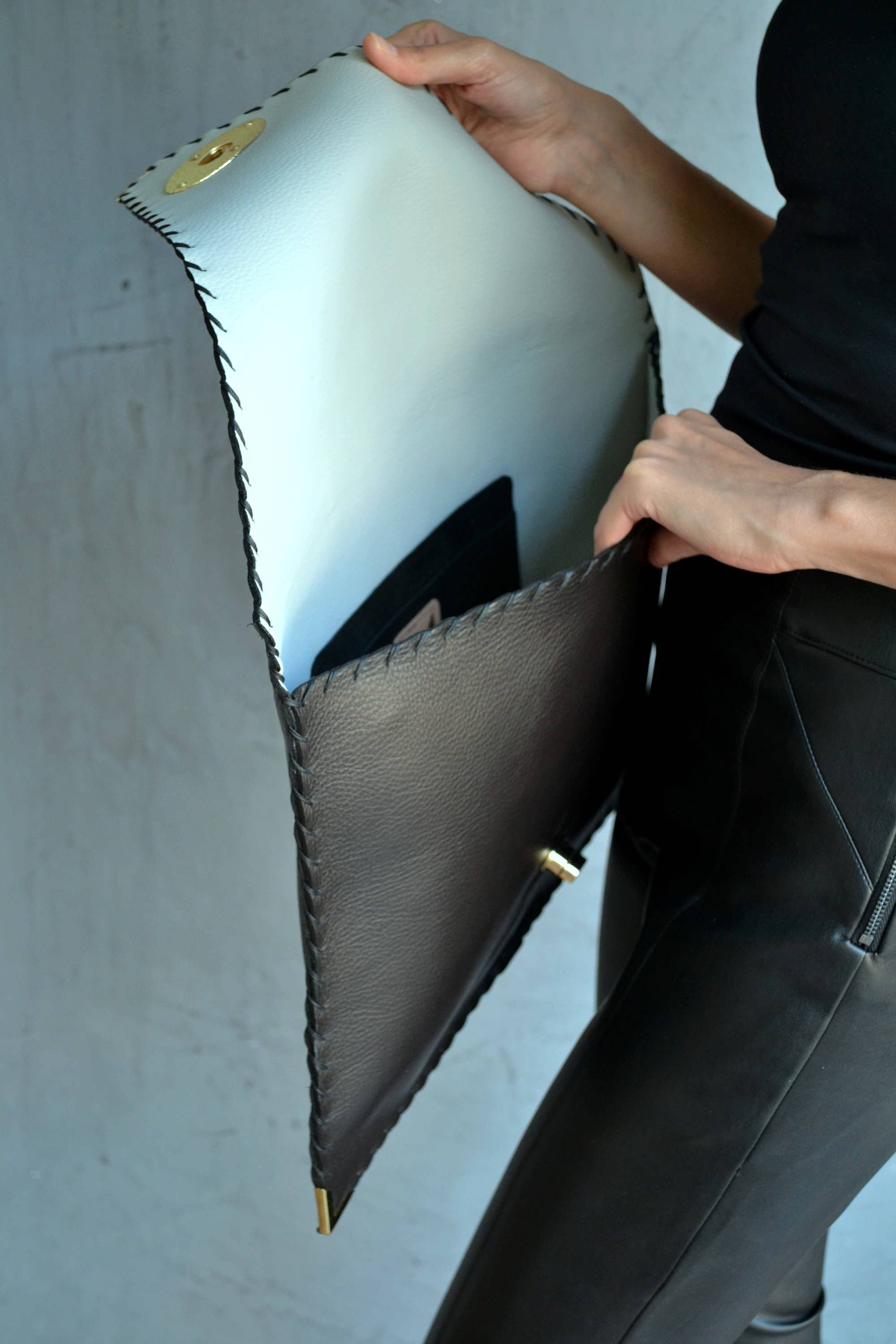 Symmetria Black Large Leather Clutch Bag With Silver Hardware