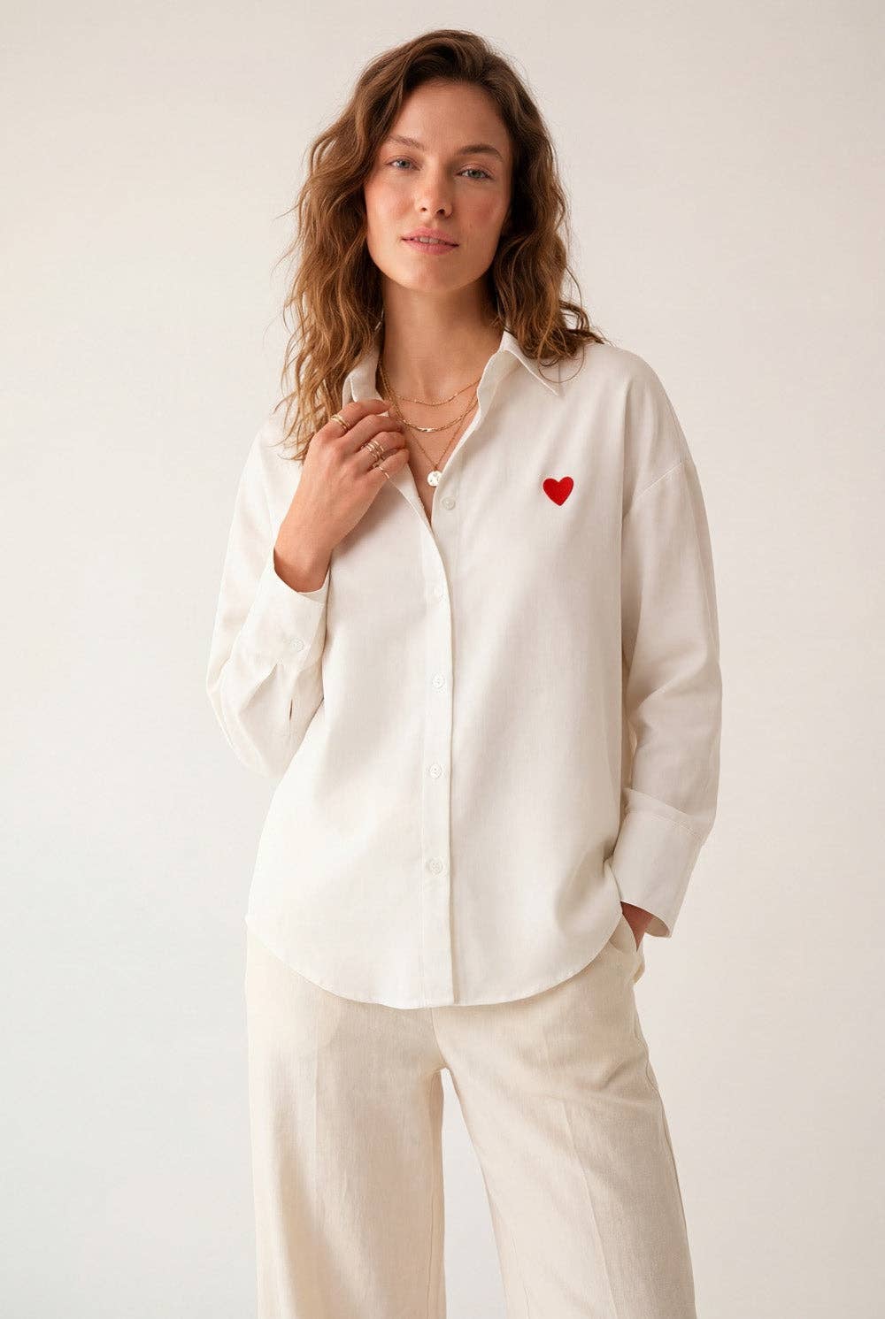 White Oxford Cotton Shirt with Embroidered Red Heart