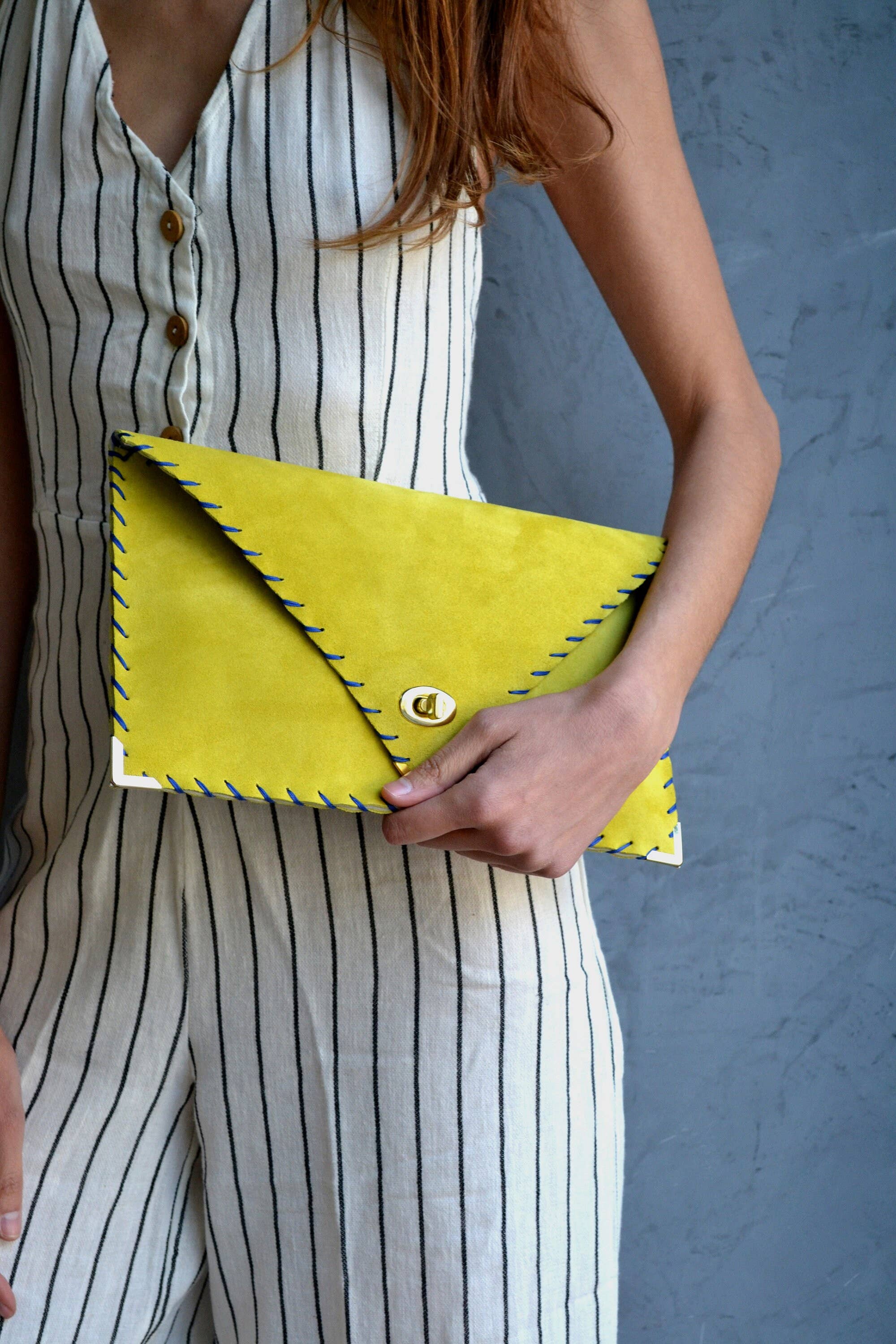 Symmetria Large Soft Clutch In Lime Yellow With Blue Piping