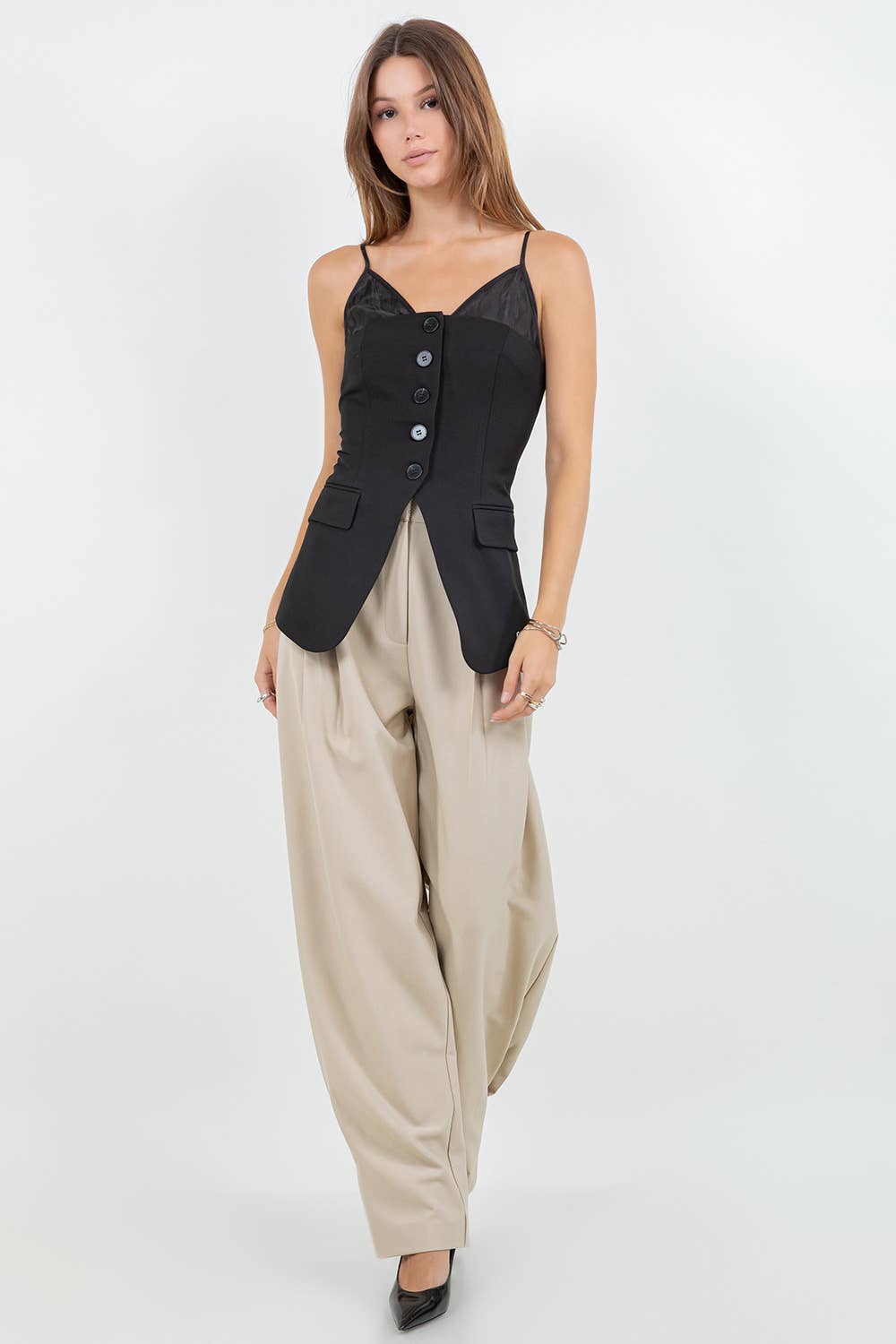See Through Contrast Top Button Down Vest
