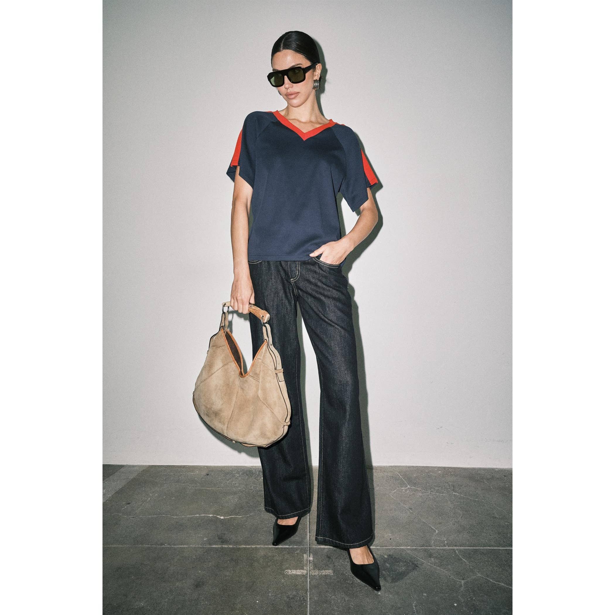Ruth Sporty V-Neck Short Sleeve Boxy Tee Top Navy And Red
