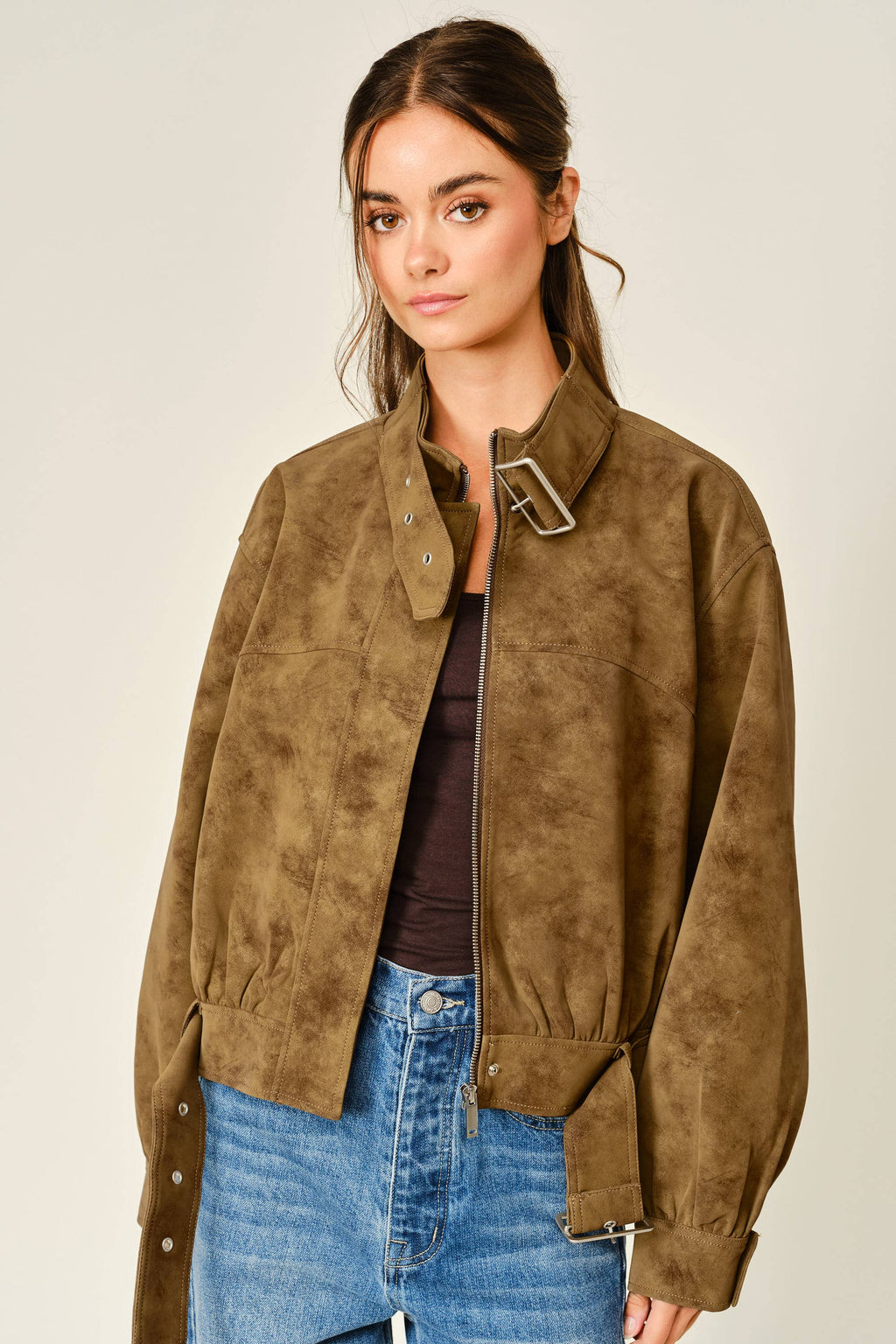 Cognac Vintage Leather Belted Bomber