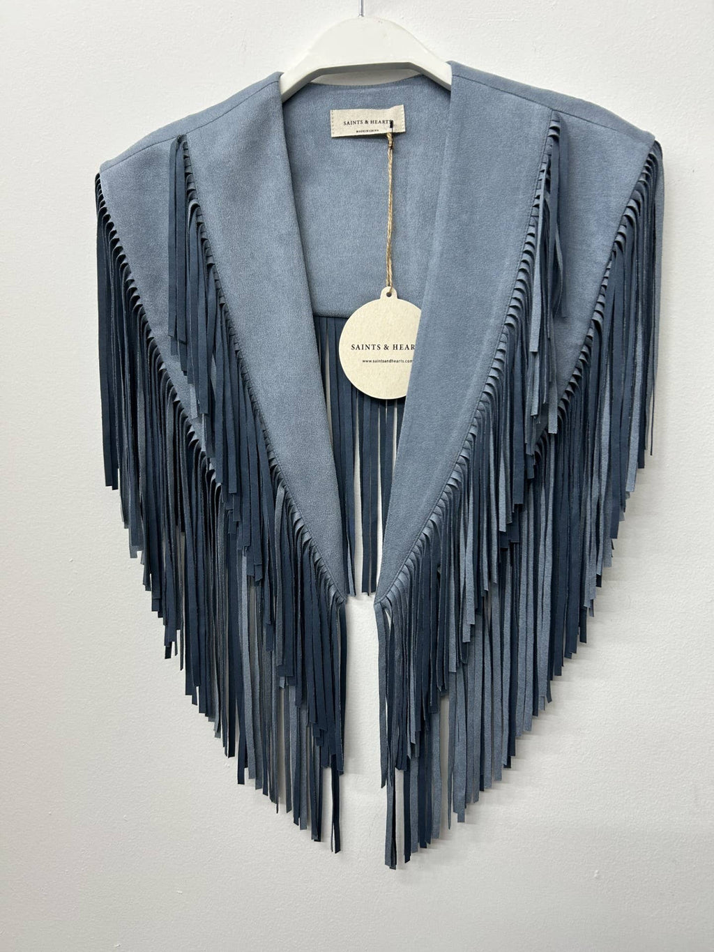 Denim Blue Western Fringe Suede Collar Shawl