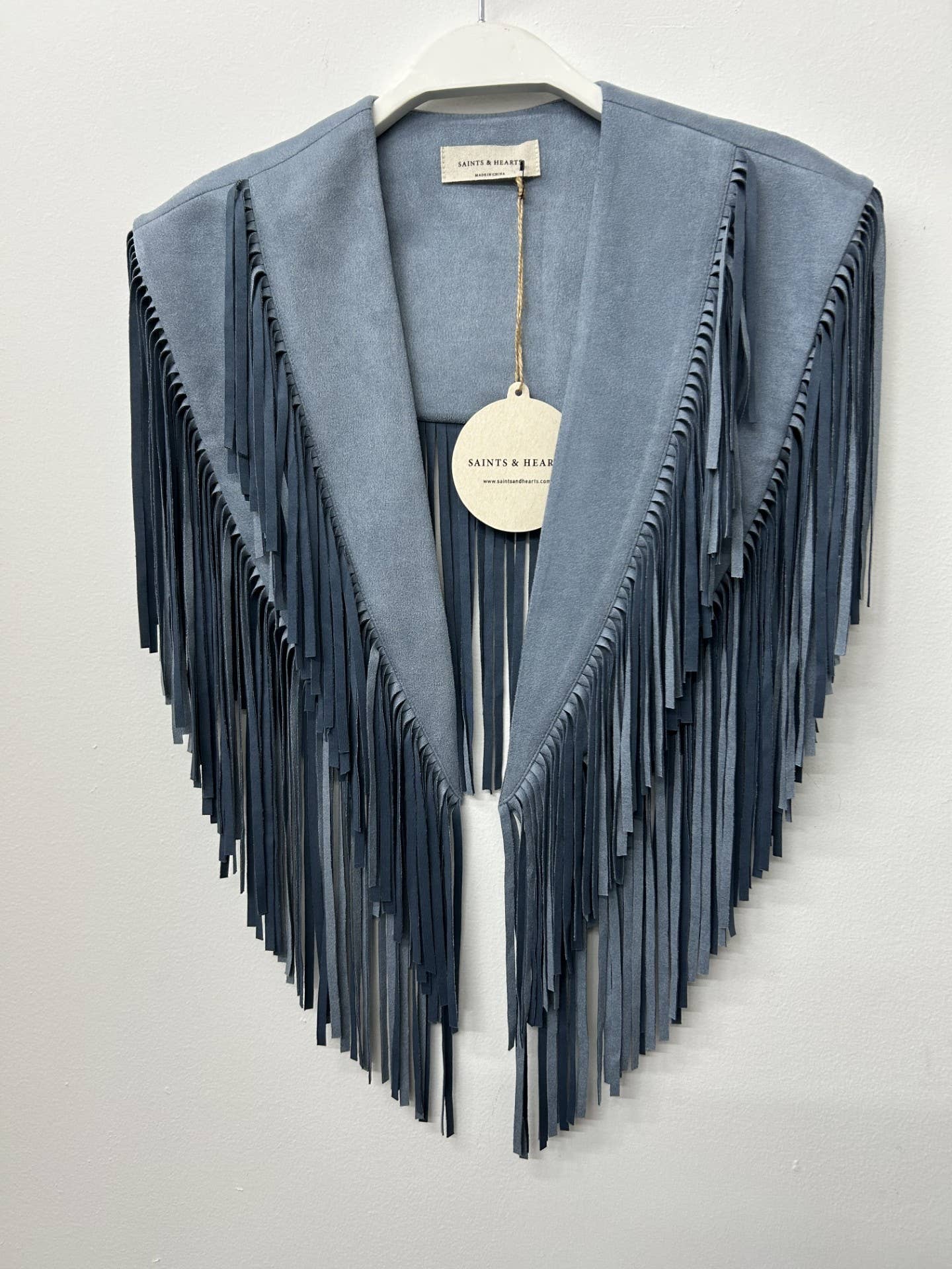 Denim Blue Western Fringe Suede Collar Shawl
