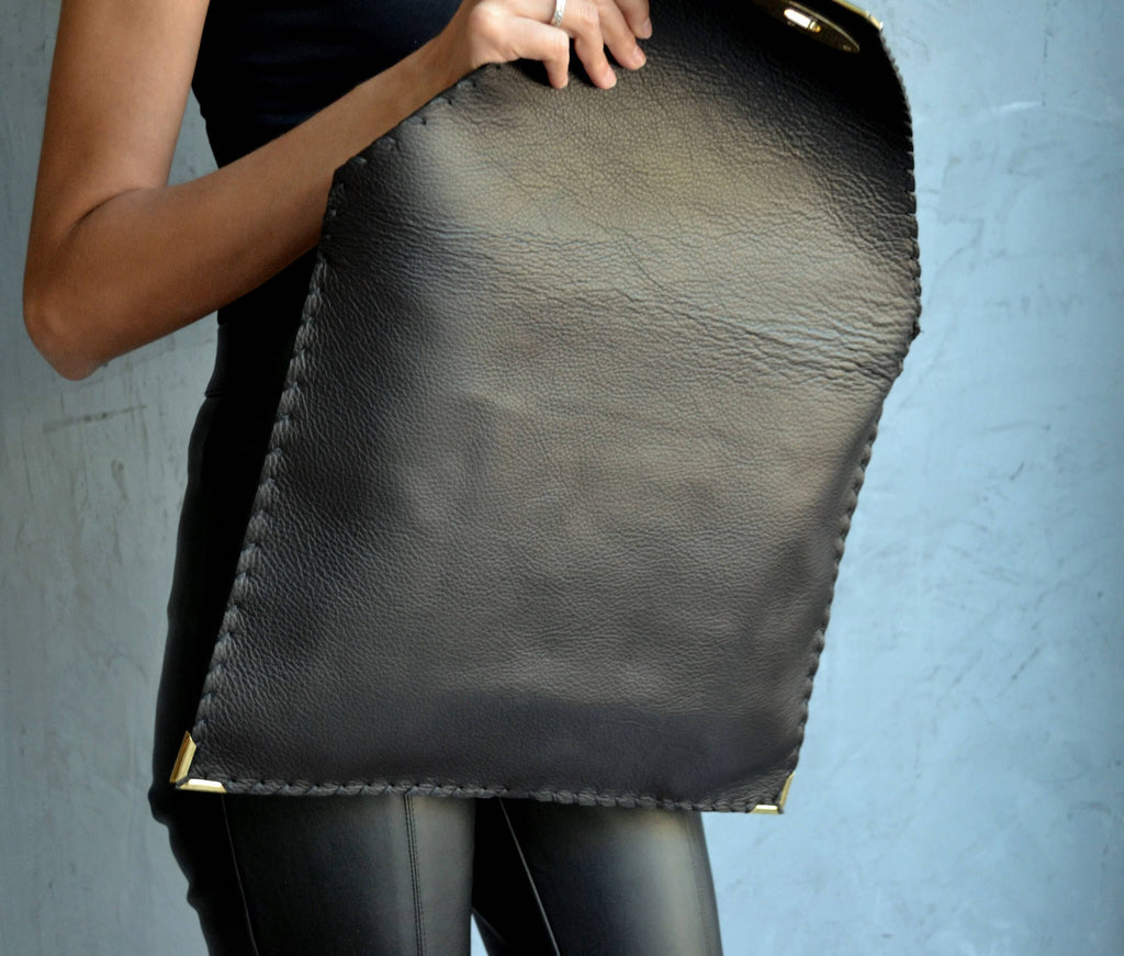 Symmetria Black Large Leather Clutch Bag With Silver Hardware
