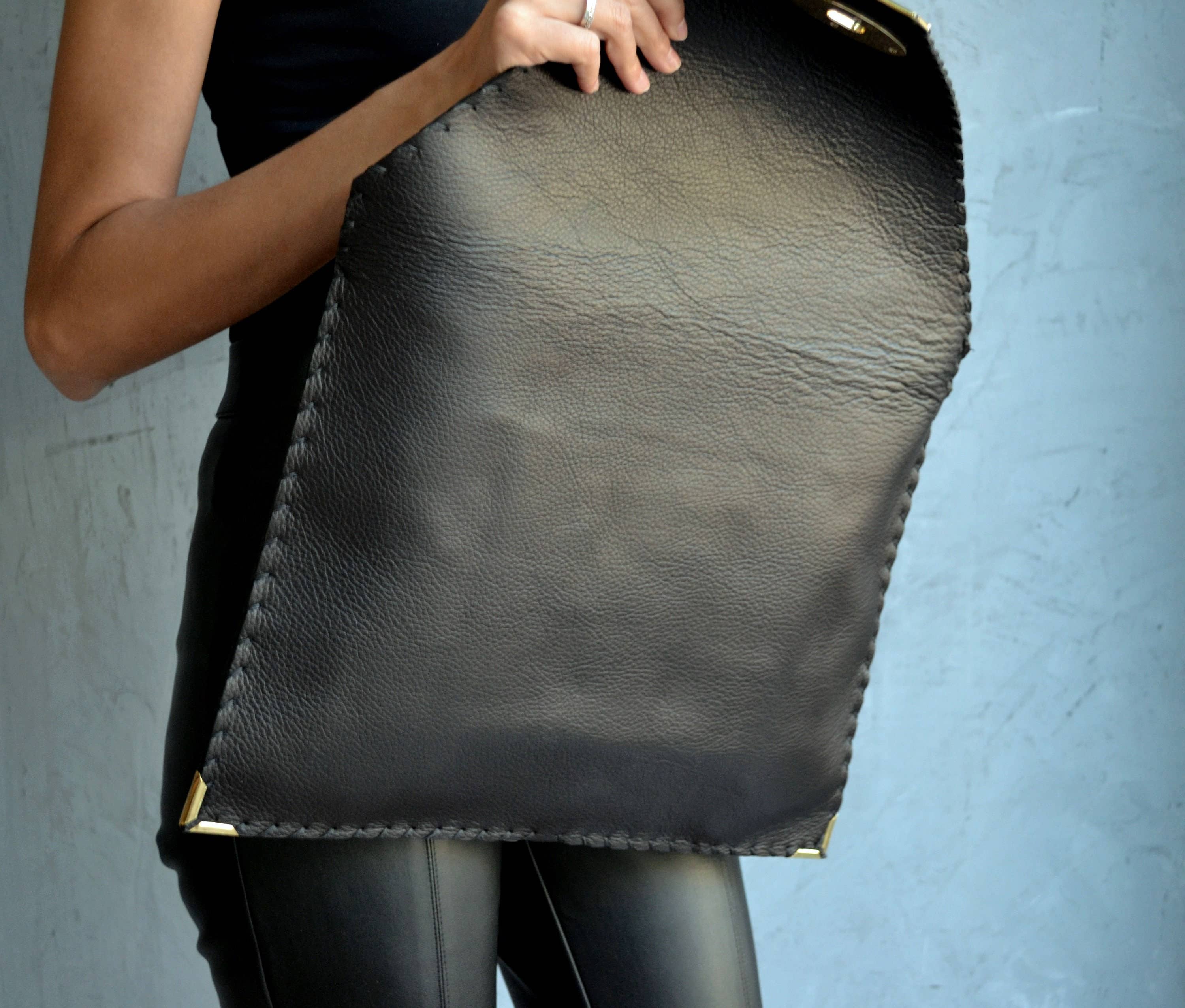 Symmetria Black Large Leather Clutch Bag With Silver Hardware