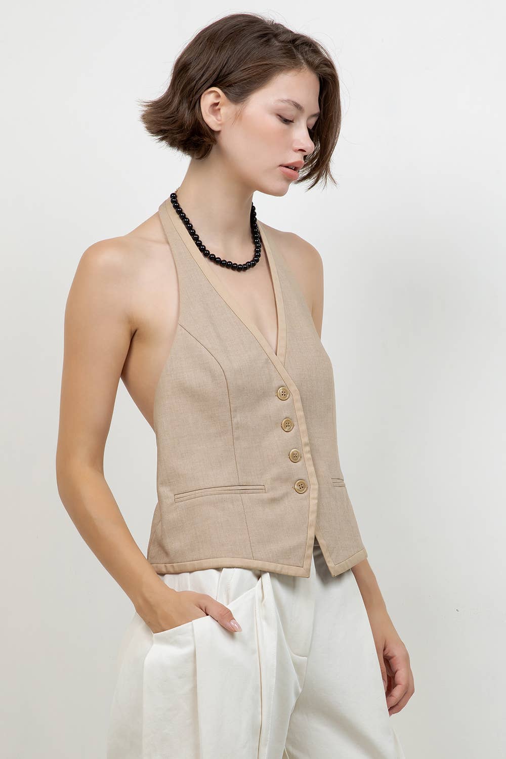 Khaki Button Down Tie Accent Vest
