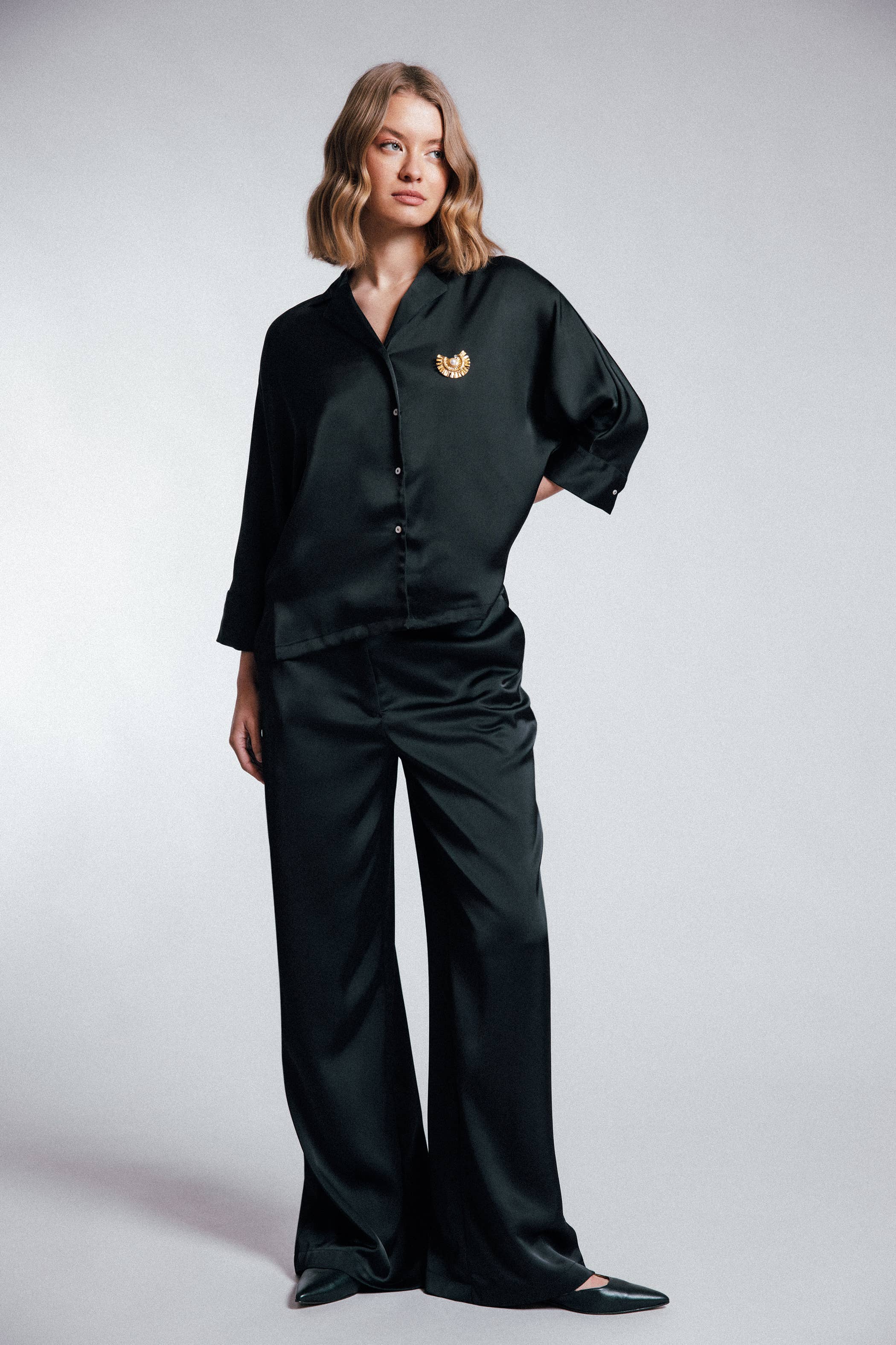 Black Satin Wide-Leg Trousers