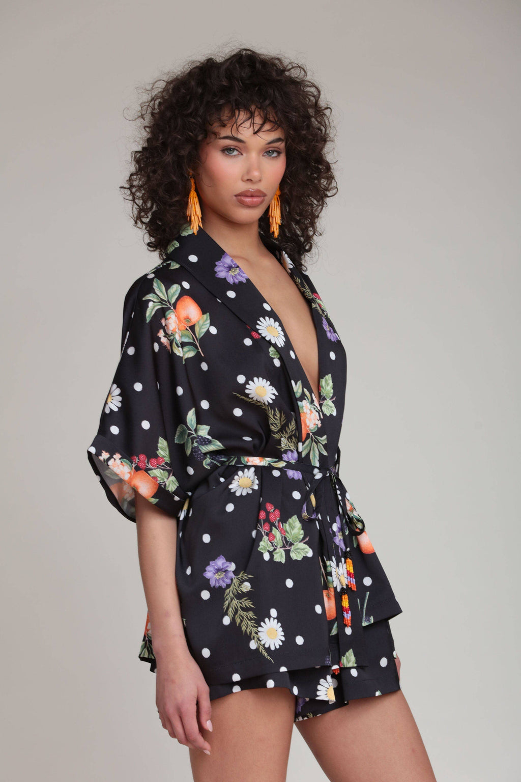 Floral Polka Dot Satin Kimono Top and Short Set: Black Scattered Botanical