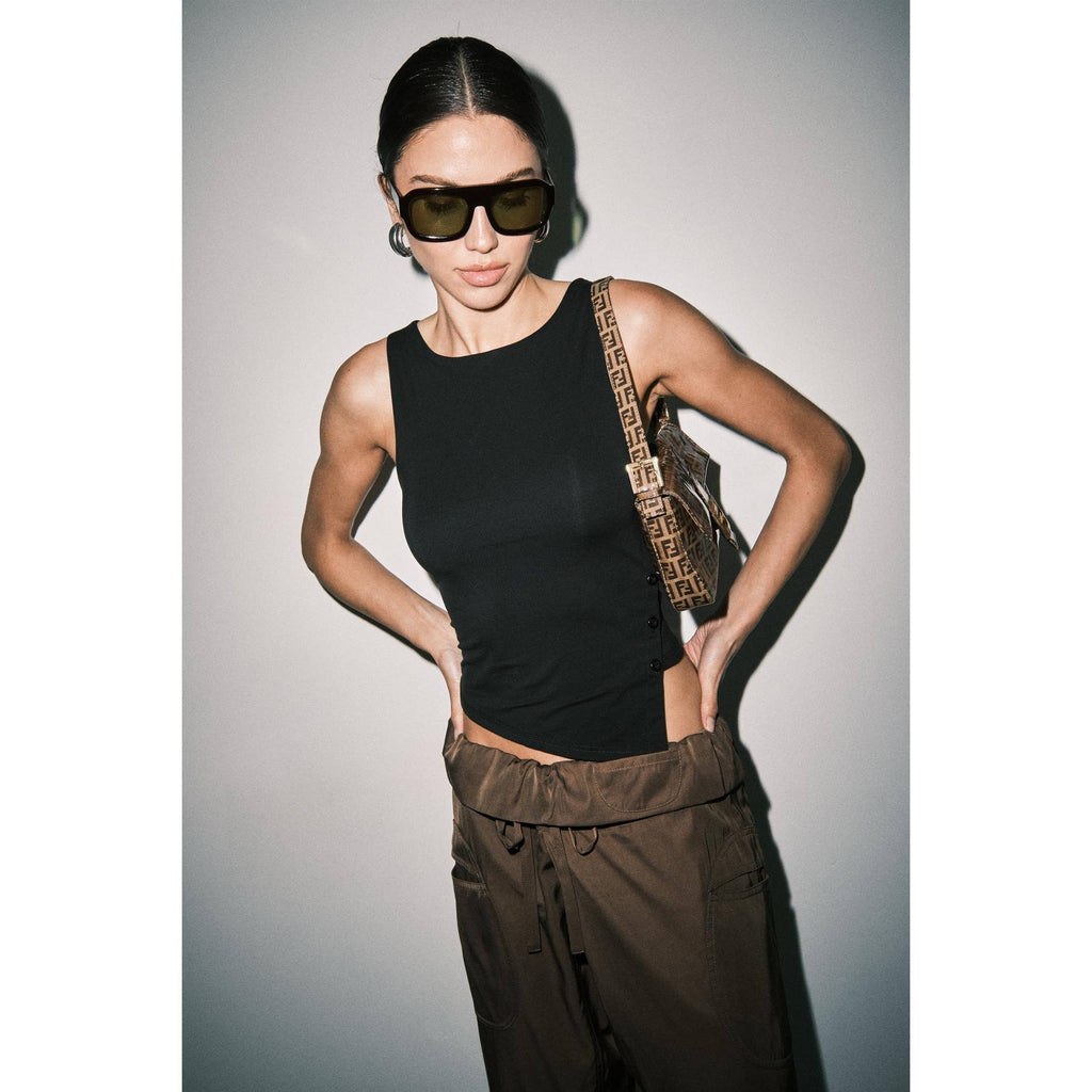 Black Laura Jersey Knit Side Button Asymmetric Hem Tank