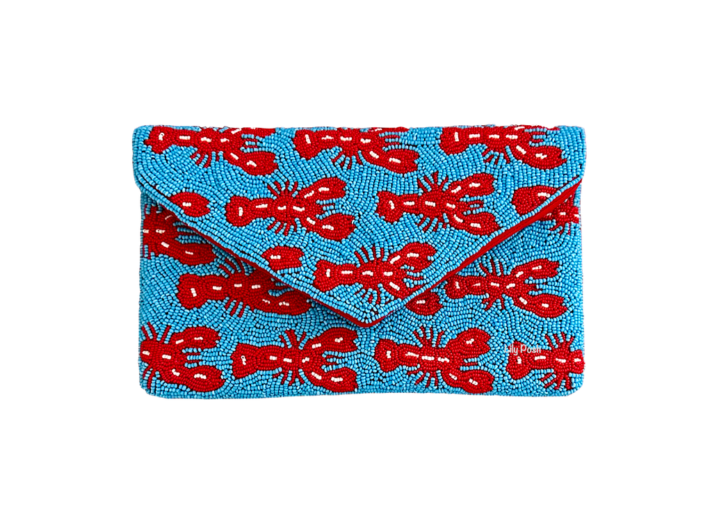 Beaded Lobster Clutch Crossbody Bag Turquoise Marine Life