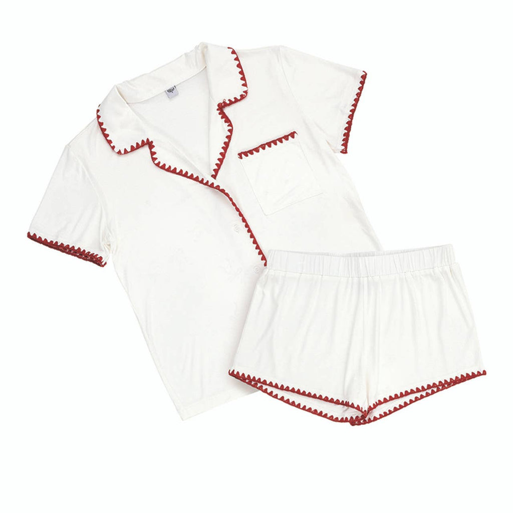 Short Bamboo PJ Set - White + Red Whip Stitch