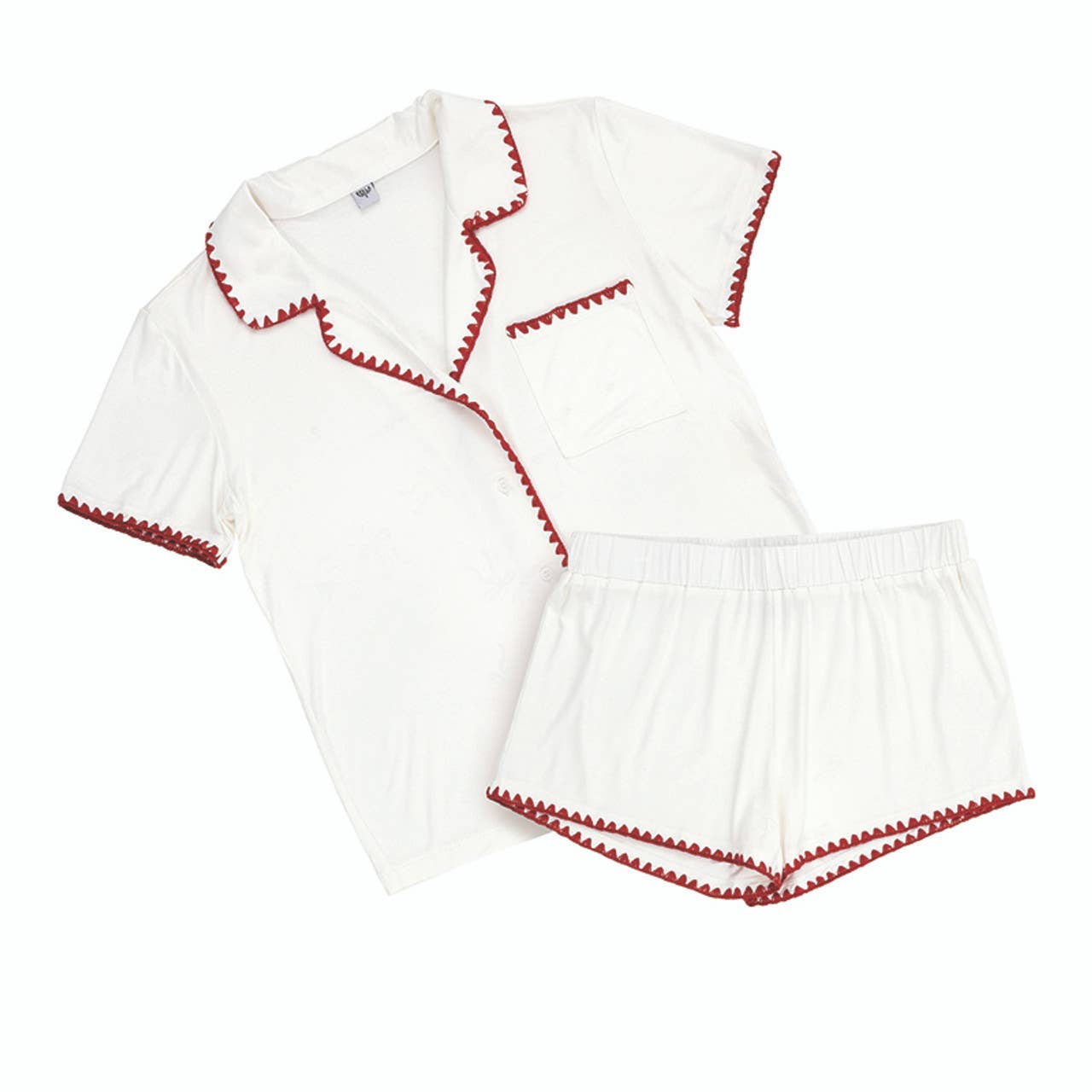 Short Bamboo PJ Set - White + Red Whip Stitch