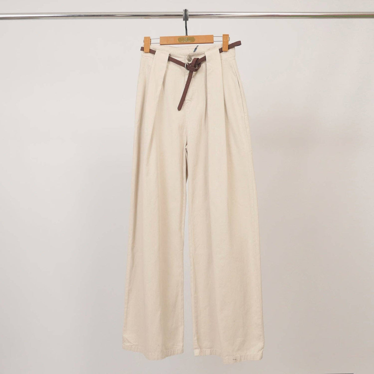 Bone Wide Pleated Trousers With Belt