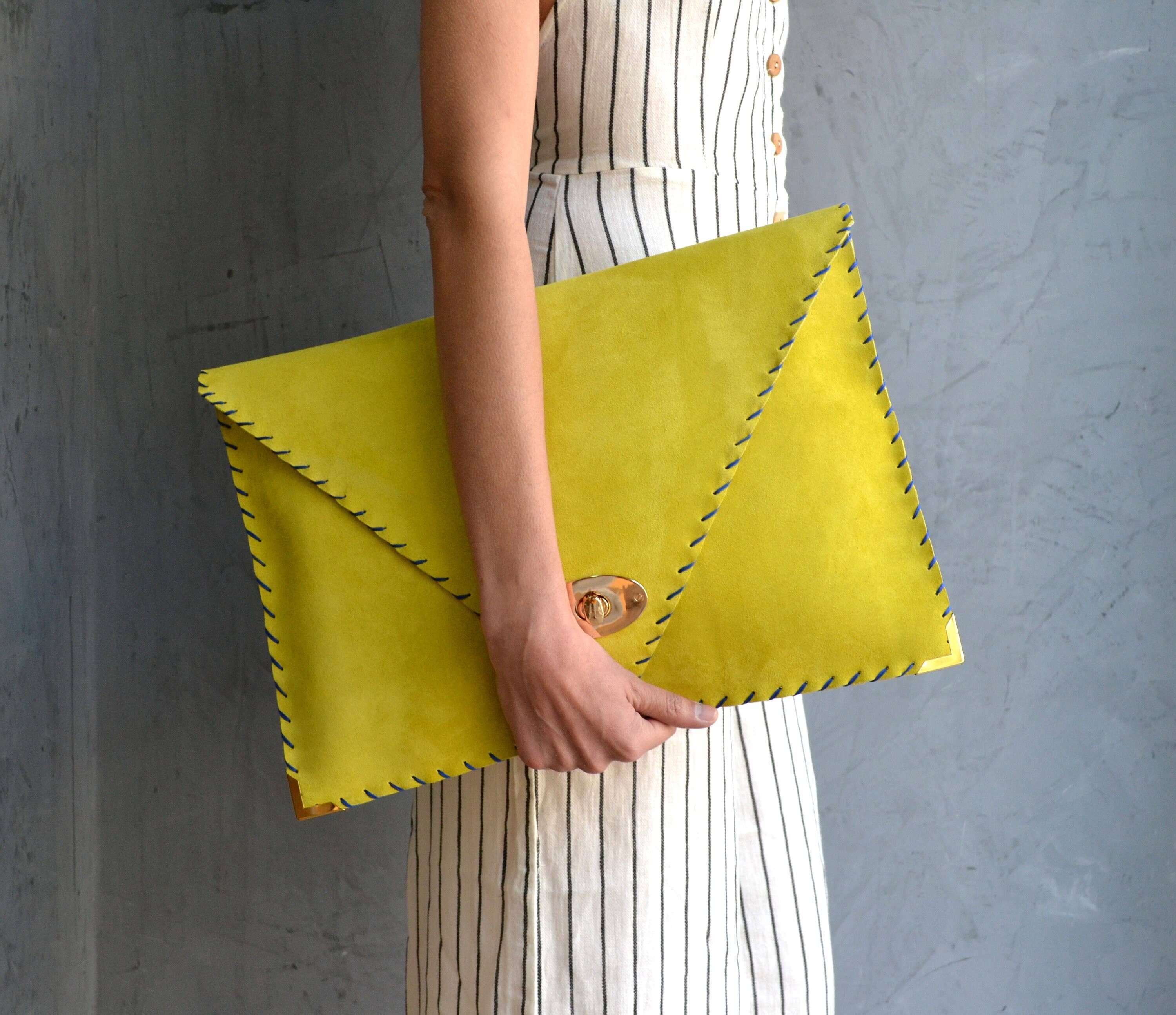 Symmetria Large Soft Clutch In Lime Yellow With Blue Piping