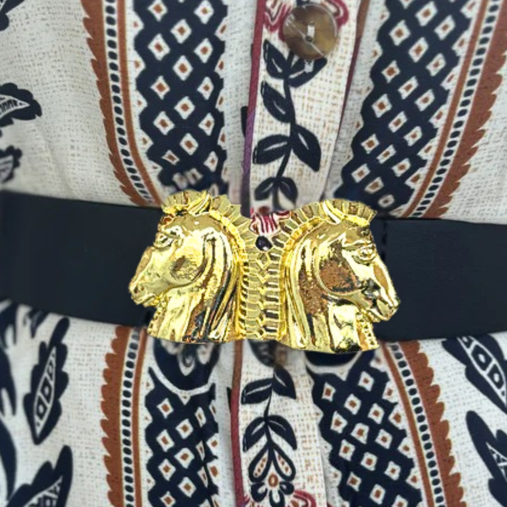 Gold Trojan Horse Interchangeable Artisan Metal Belt Buckle and Leather Belt Included