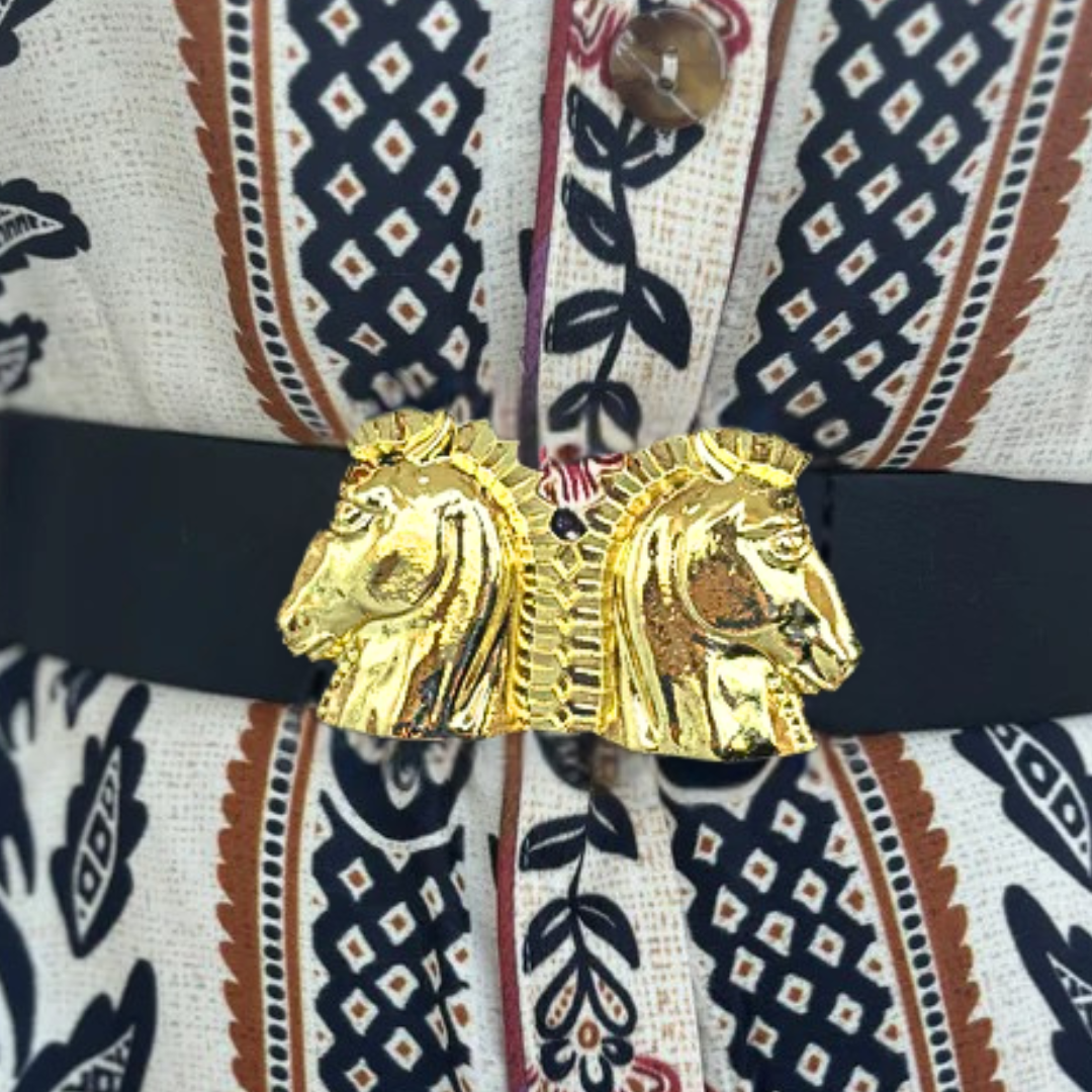 Gold Trojan Horse Interchangeable Artisan Metal Belt Buckle and Leather Belt Included