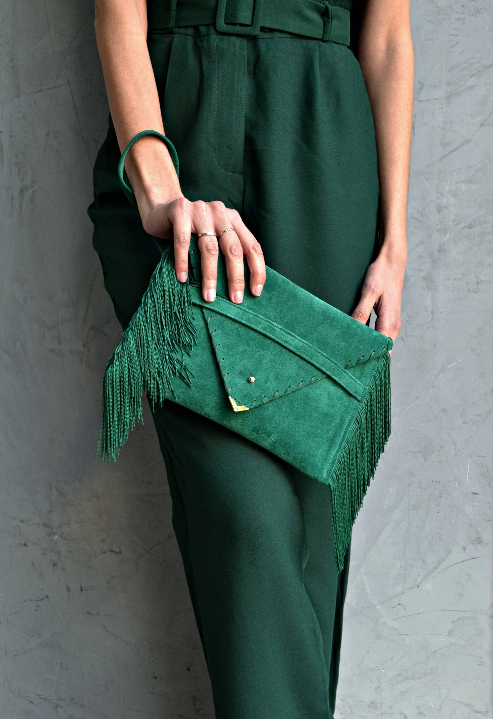 Medusa Clutch In Esmerald With Silk Fringe And  Silver Hardware
