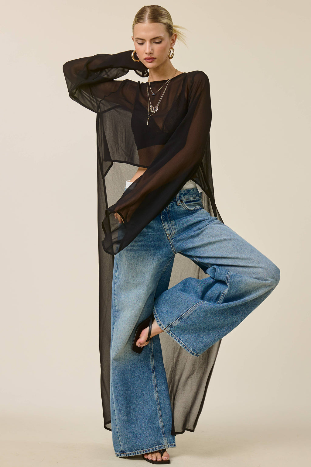 Sheer Long Sleeve Maxi Overlay Top: Black / S