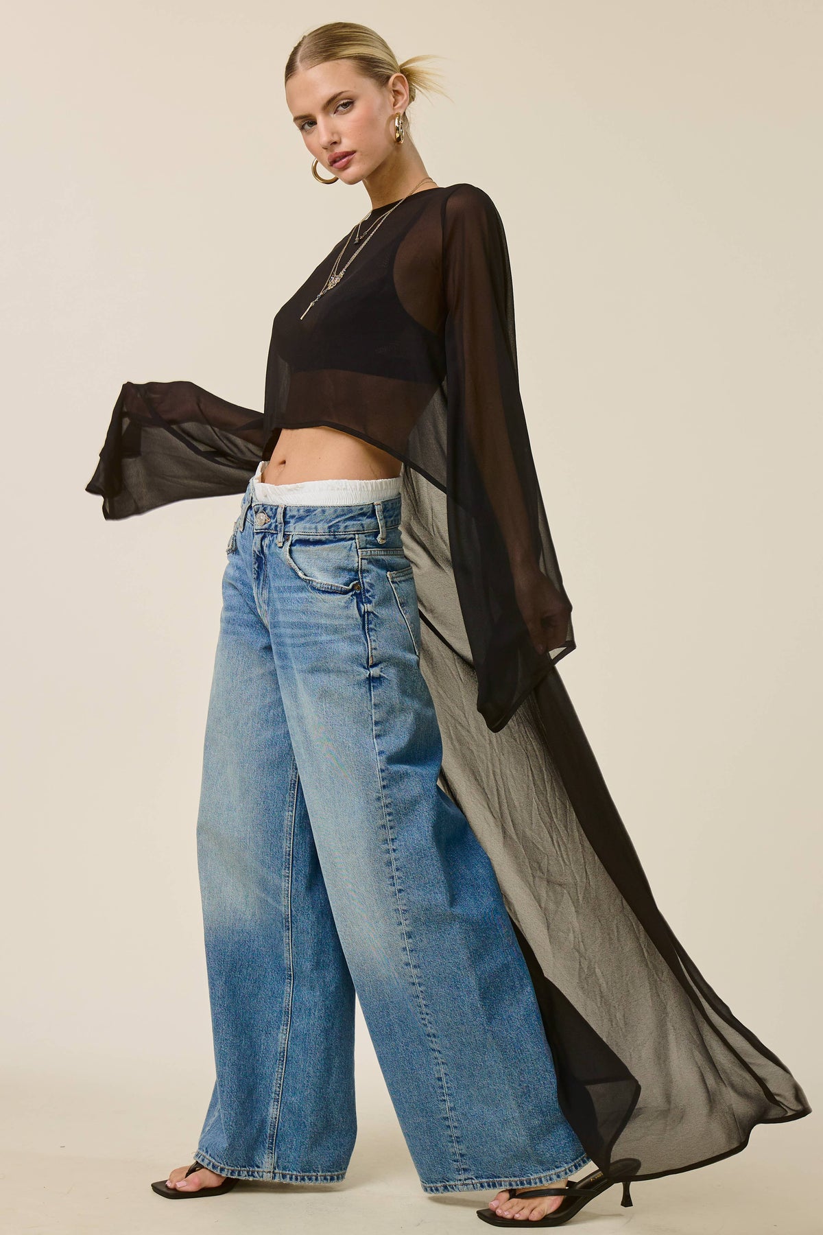Sheer Long Sleeve Maxi Overlay Top: Black / S