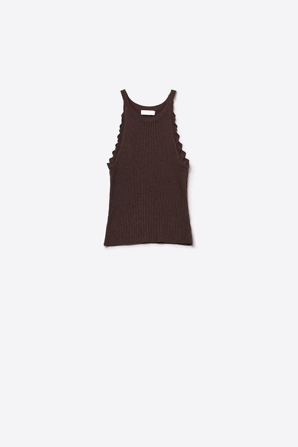 Brown Ribbed Halter Top With Scalloped Finish