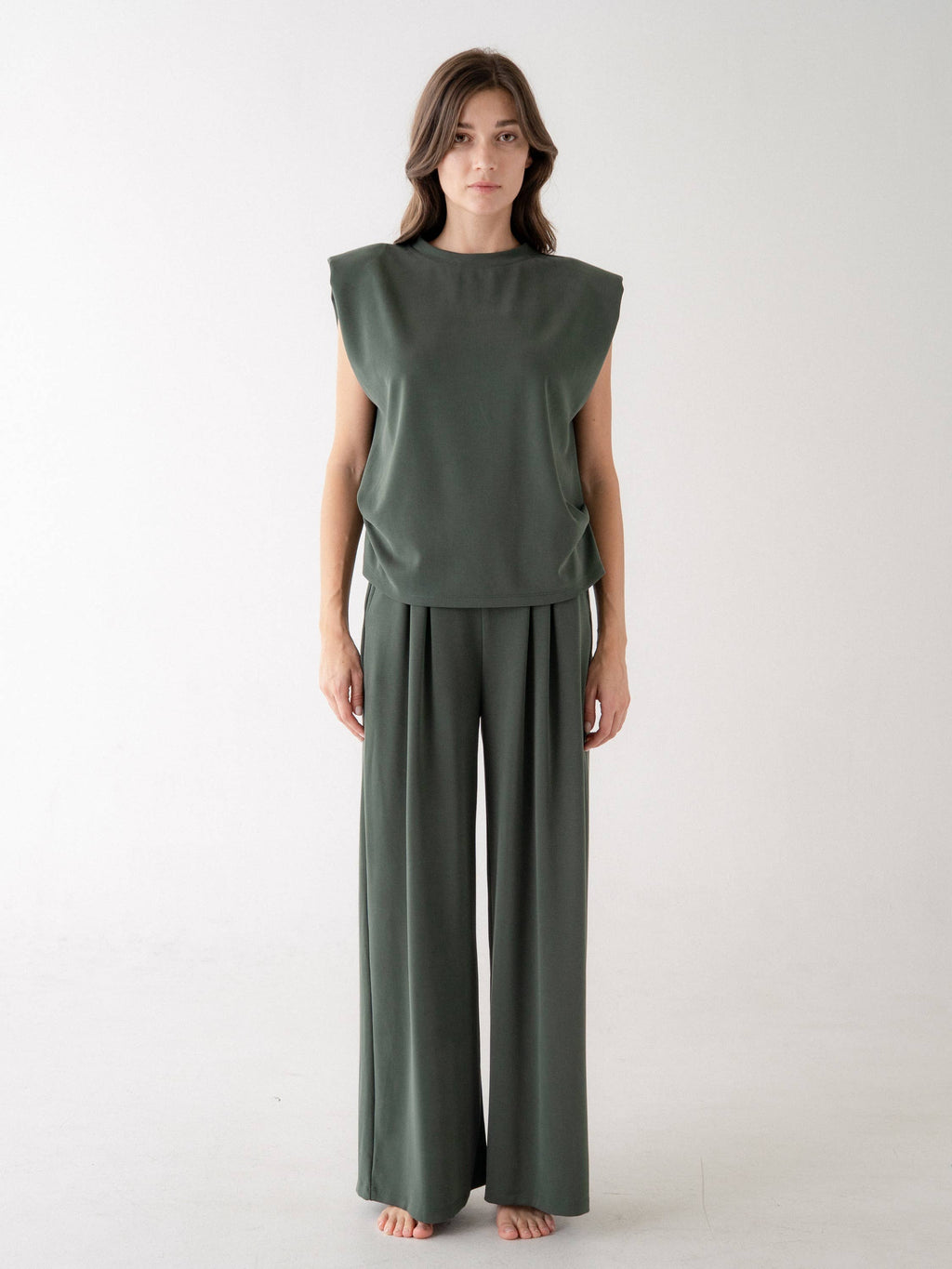 Forest Green Shoulder Pad Top And Pleated Wide Leg Pants Set