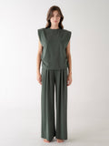 Forest Green Shoulder Pad Top And Pleated Wide Leg Pants Set