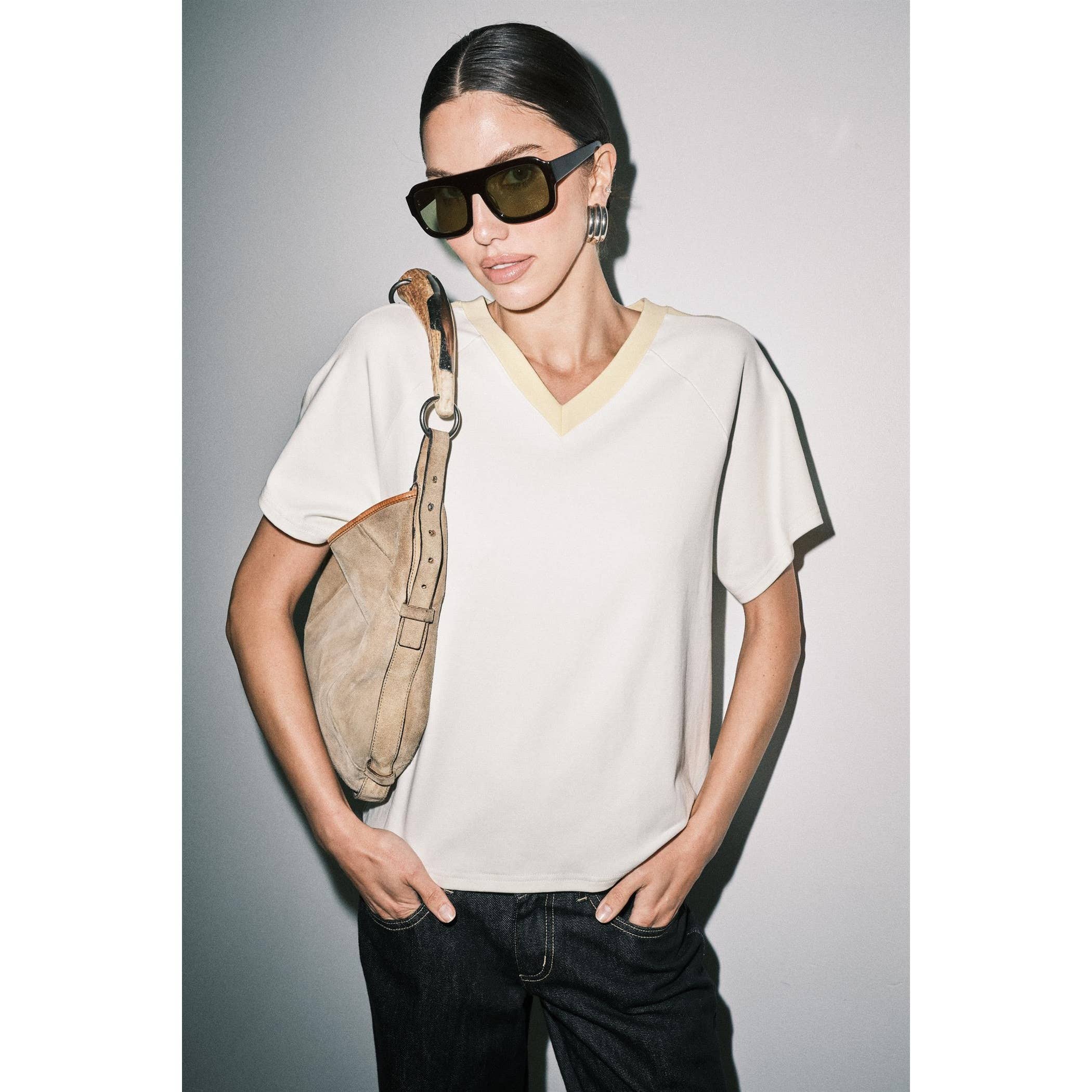 Ruth Sporty V-Neck Short Sleeve Boxy Tee Top White And Yellow
