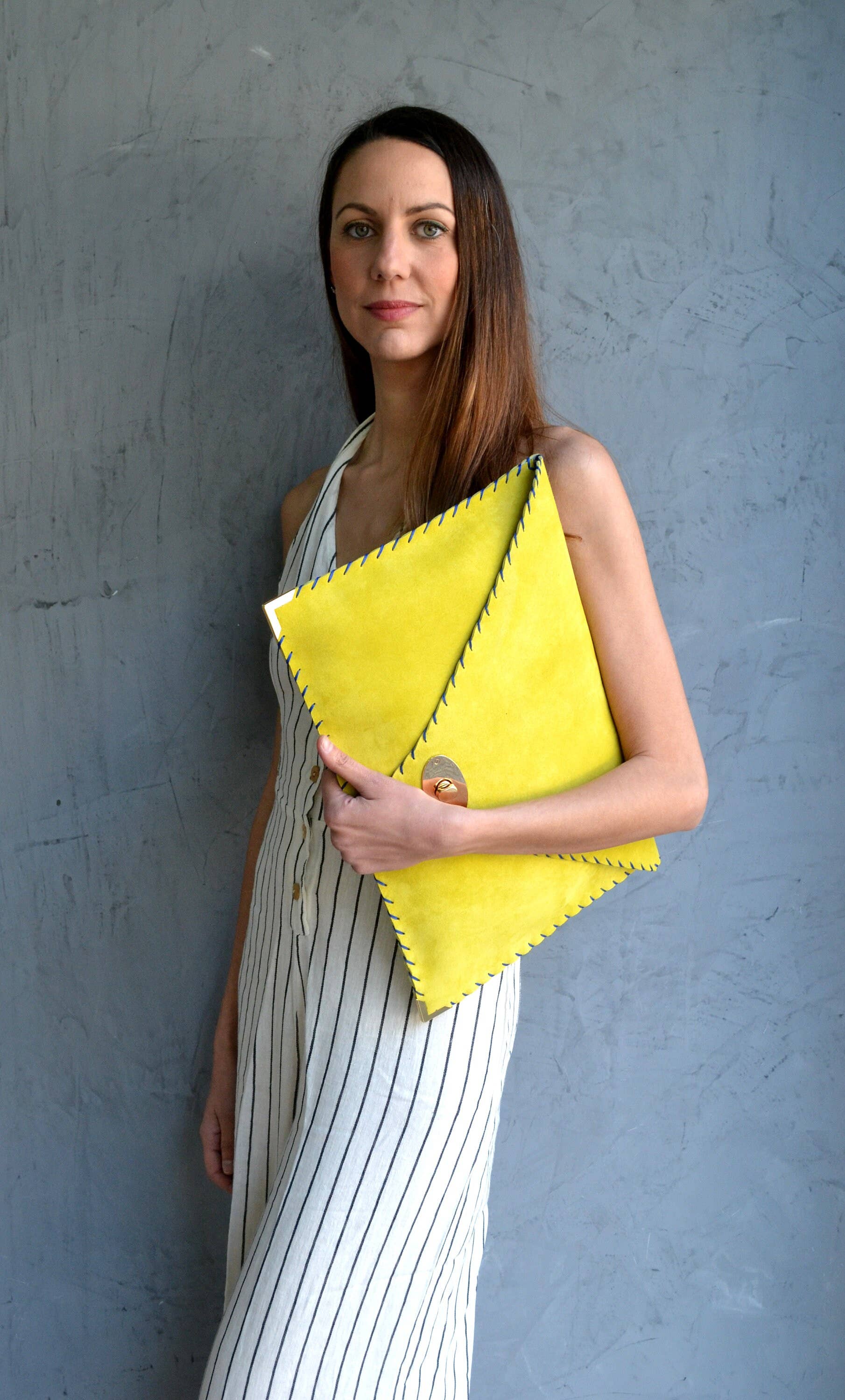 Symmetria Large Soft Clutch In Lime Yellow With Blue Piping