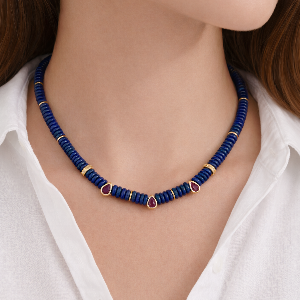 Lapis Lazuli Beaded Necklace with Ruby Color CZ Drops