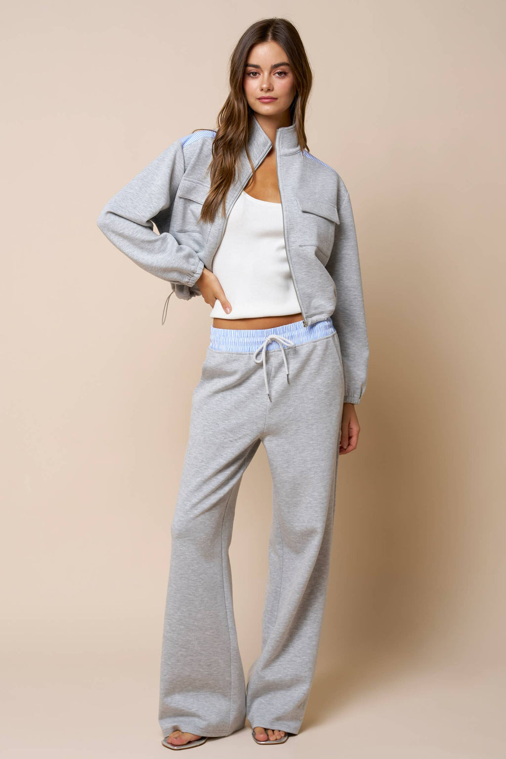 Color Block Zip Up Mock Neck Sweatshirt And Pant Set