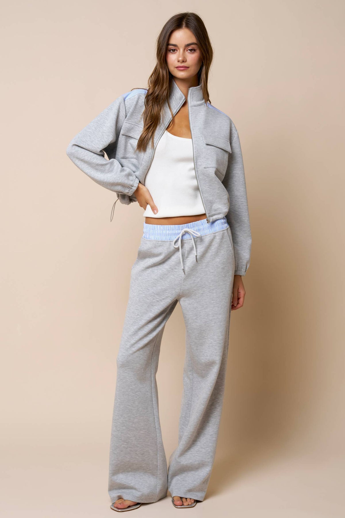 Color Block Zip Up Mock Neck Sweatshirt And Pant Set