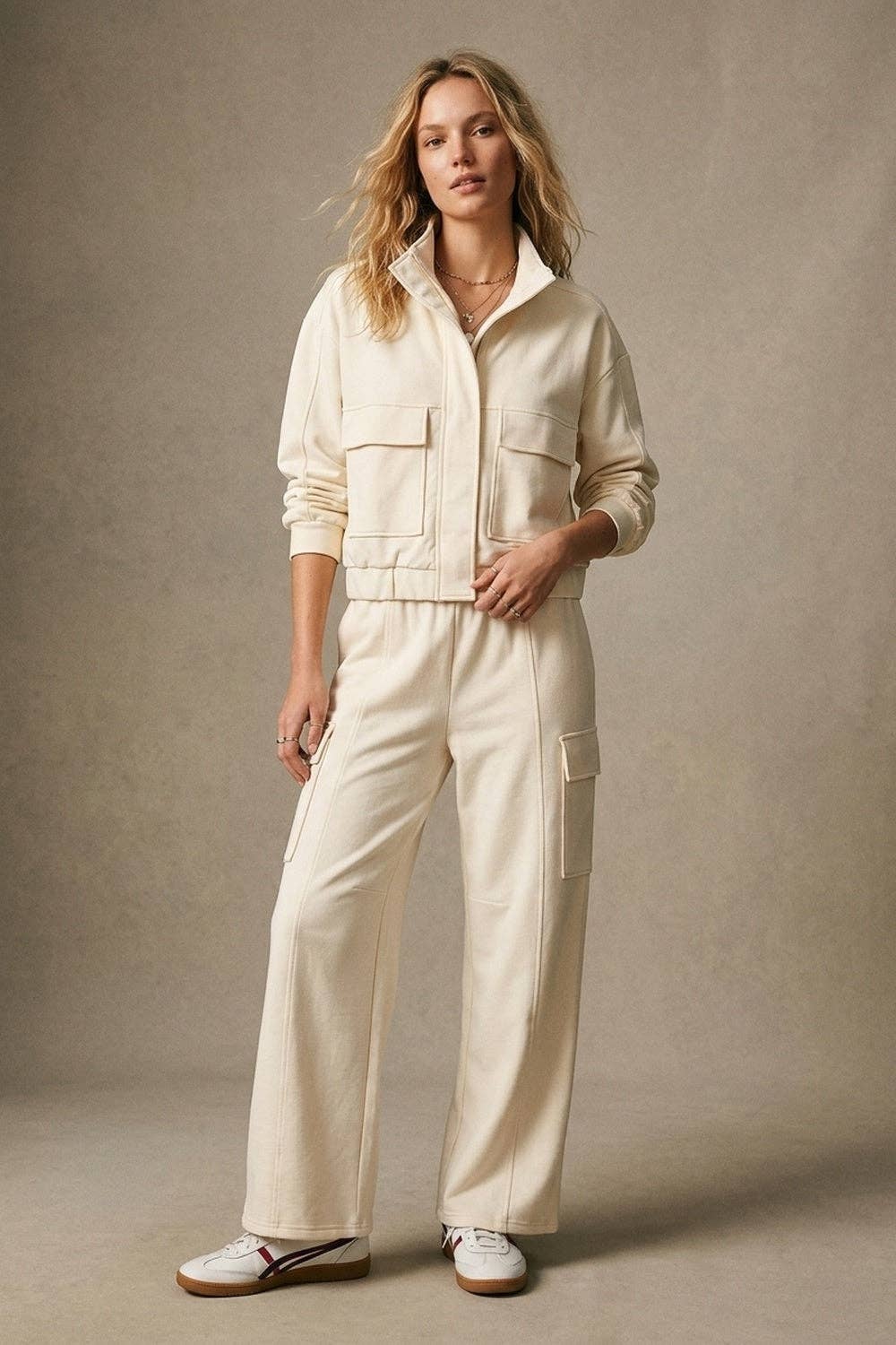 Cream High Collar Pocket Bomber Jacket
