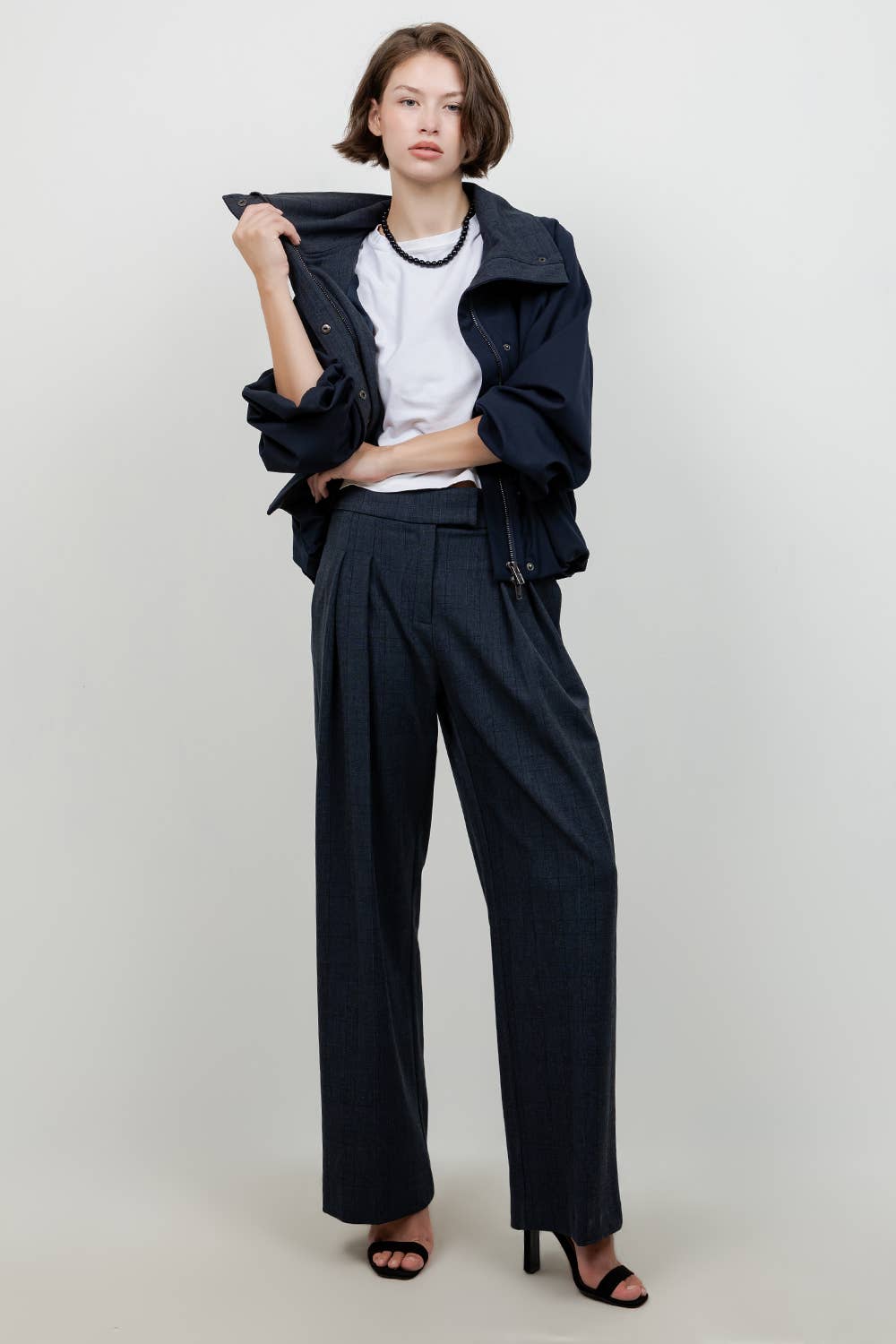 Soft Navy Jacket With Plaid Collar Detail