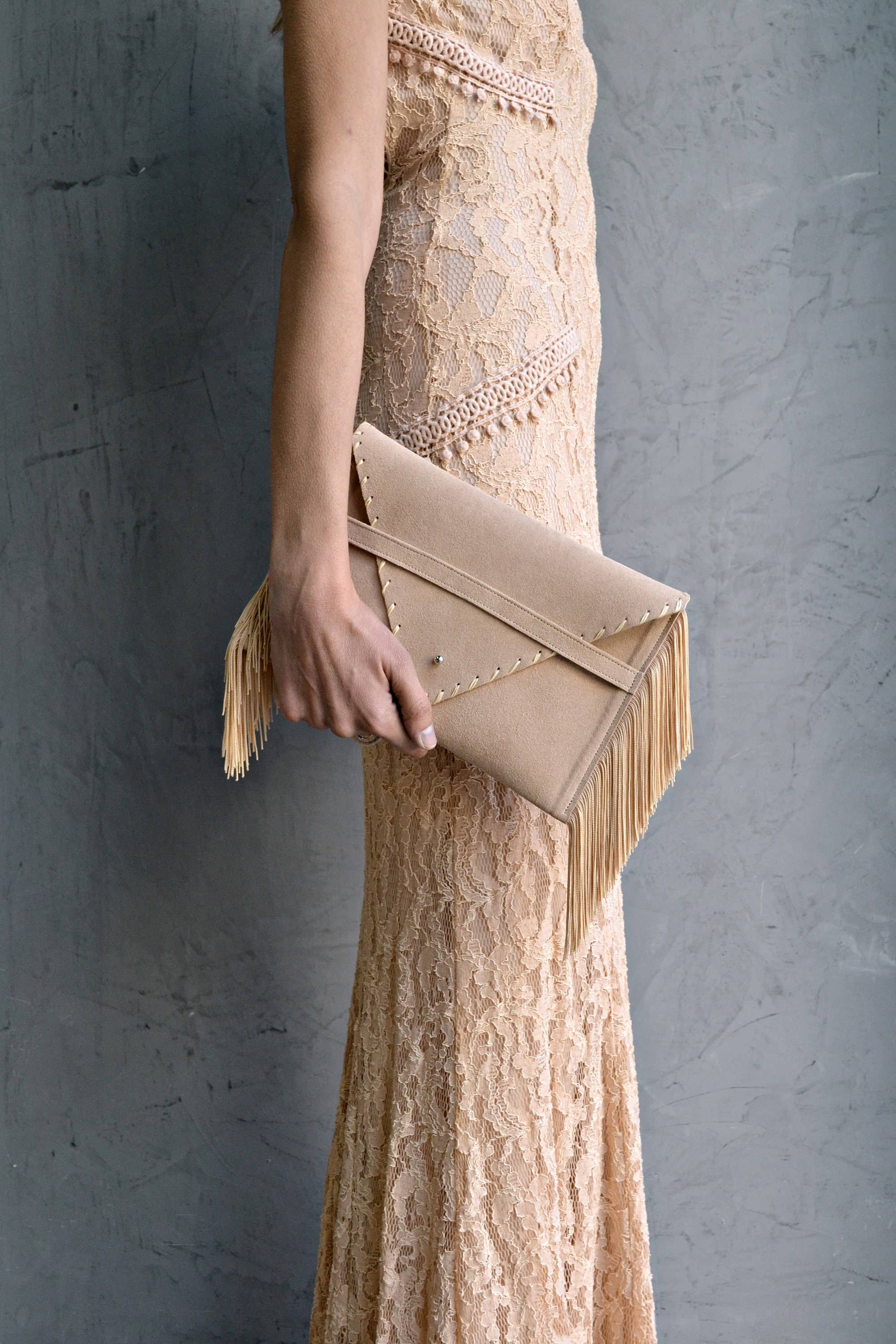 Medusa Clutch In Beige With Silk Fringe And Silver Hardware