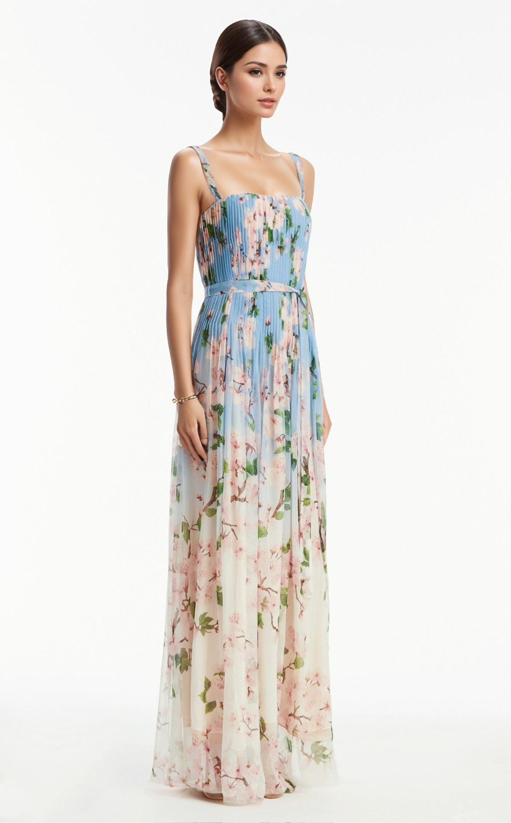 Chiffon Ombre Floral Pleated Maxi Dress