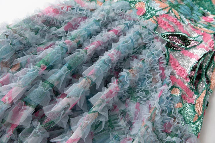 Hand-Printed Lotus Leaf Lace Dress with Sequin and Beaded Detail