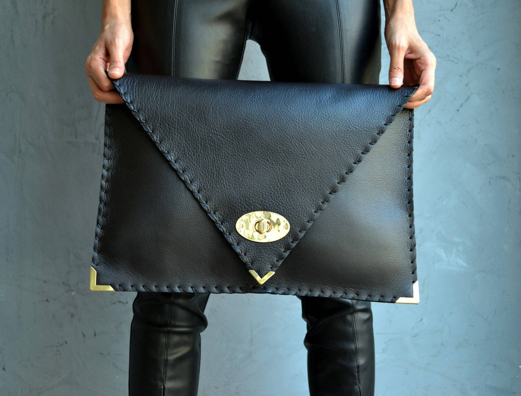 Symmetria Black Large Leather Clutch Bag With Silver Hardware