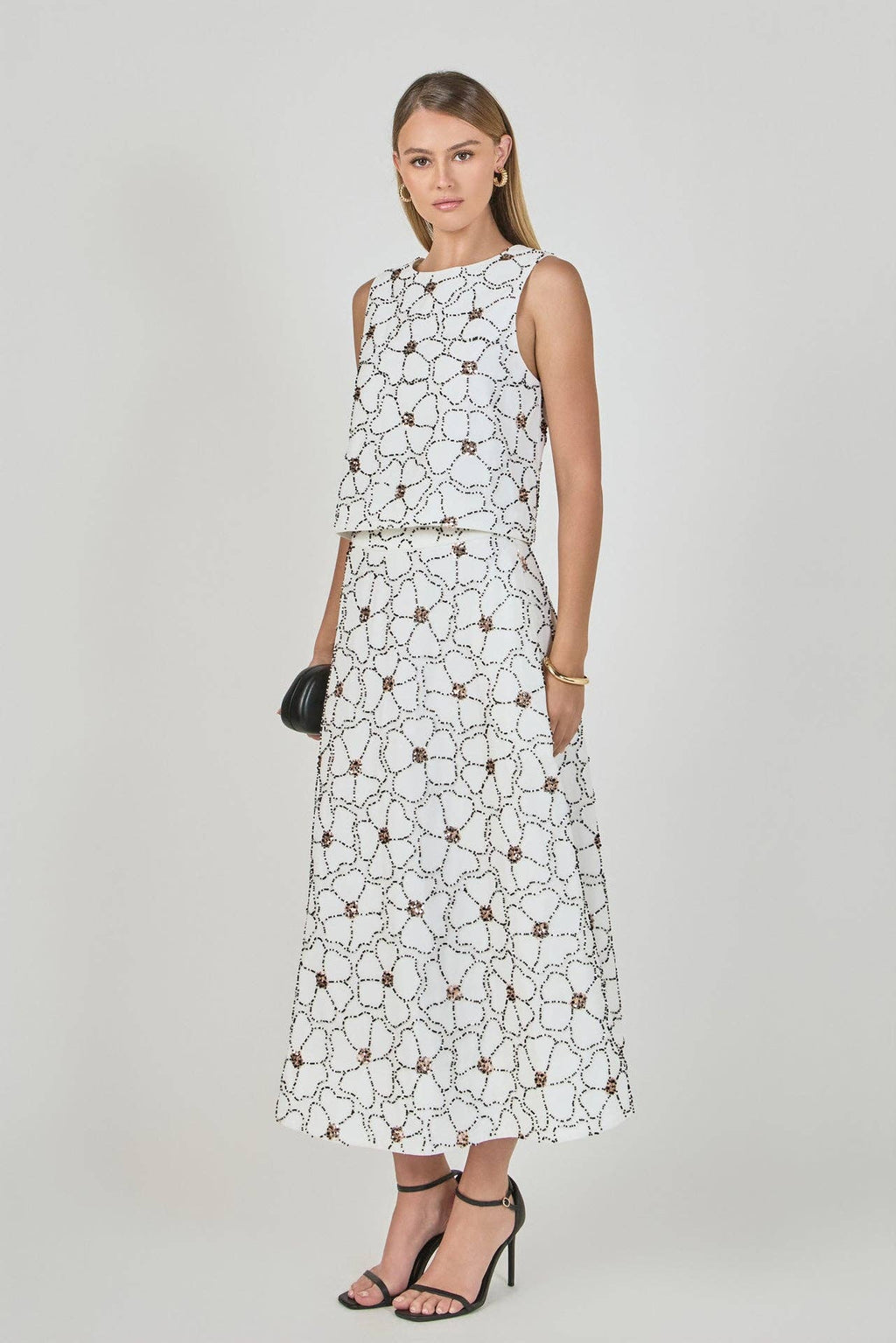 White and Black Floral Beaded Linen Chiffon Set